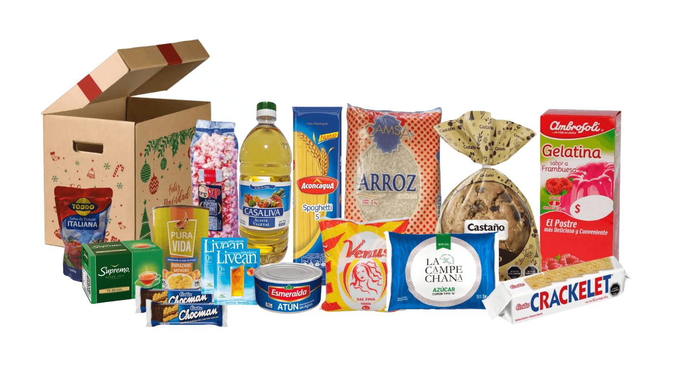 Assorted food items in front of an open cardboard box with holiday decorations.