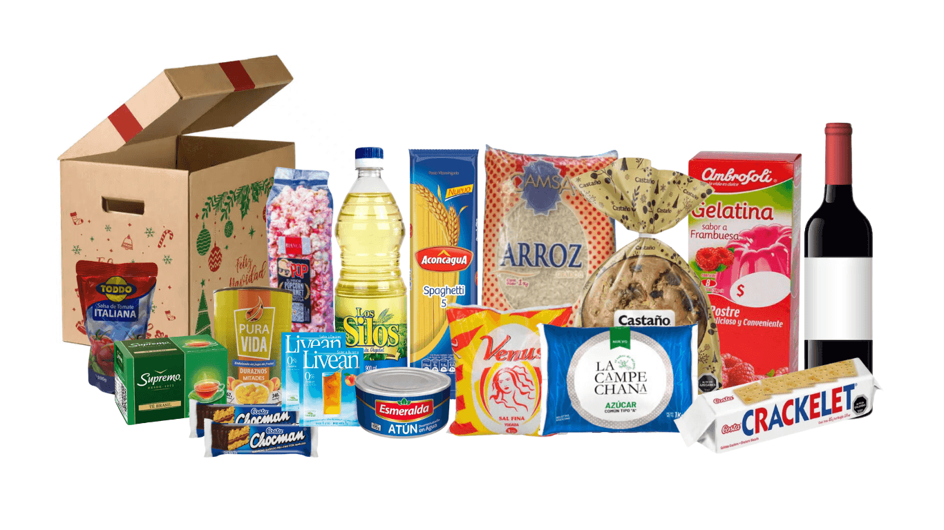 Assorted food products and a wine bottle next to a festive cardboard box.